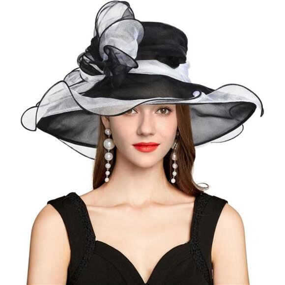 Derby Hats for Women Classy Organza Sun Hat White x Black